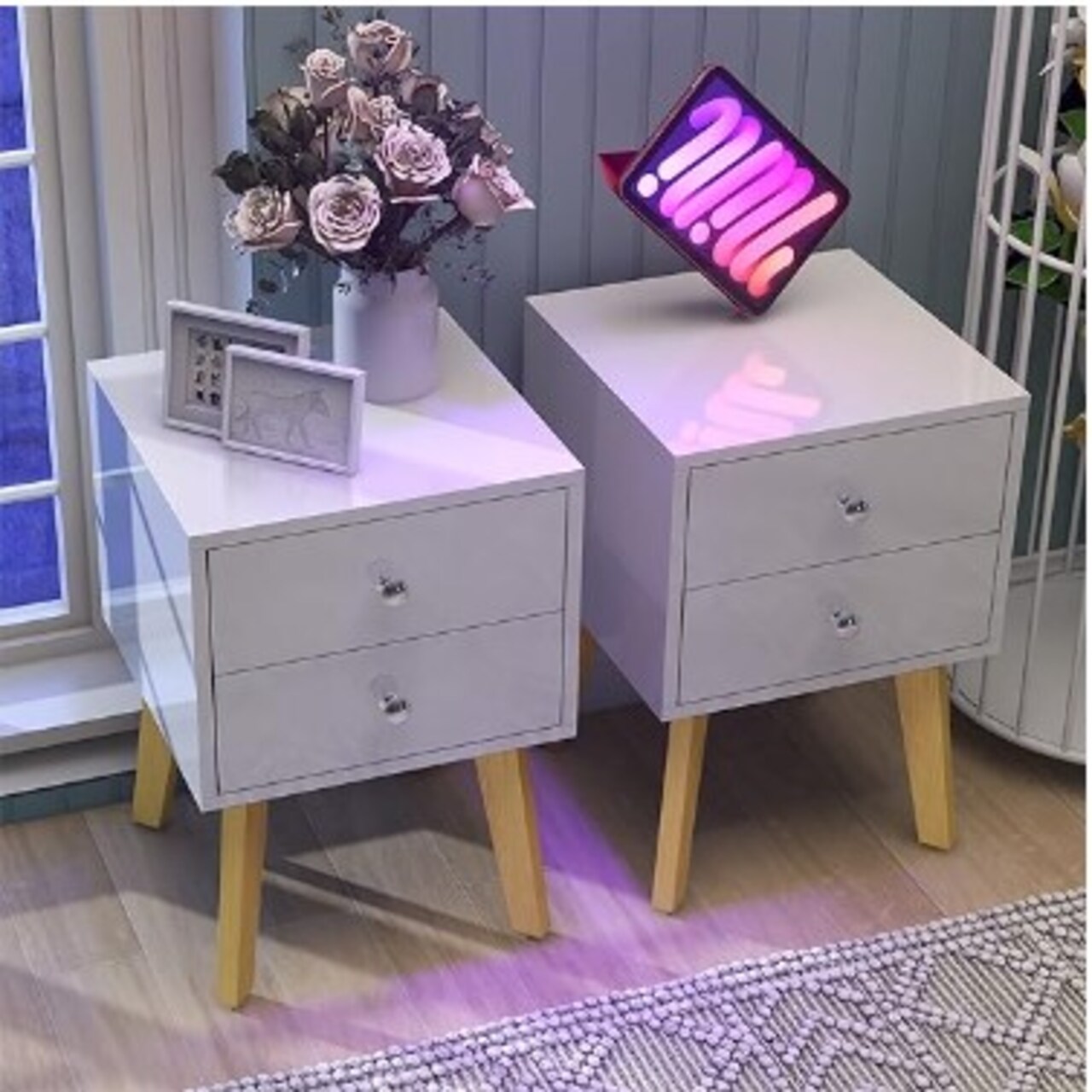 Set of 2 White Nightstands for Bedroom Modern Dresser and Nightstand Set 2 White Nightstand with Drawers Rubber Wood Leg Nightstand for Bedroom